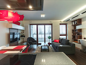 Apartament z nutką czerwieni - Średni biały salon z kuchnią z tarasem / balkonem z bibiloteczką, styl nowoczesny - zdjęcie od ARCHITETTO