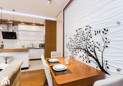 Salon z drzewem - Średnia beżowa biała jadalnia w salonie, styl nowoczesny - zdjęcie od ARCHITETTO