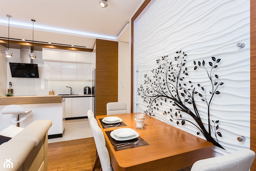 Salon z drzewem - Średnia beżowa biała jadalnia w salonie, styl nowoczesny - zdjęcie od ARCHITETTO