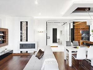 Apartament 50 m.kw w palisandrze - Średni biały salon z kuchnią z jadalnią, styl nowoczesny - zdjęcie od ARCHITETTO