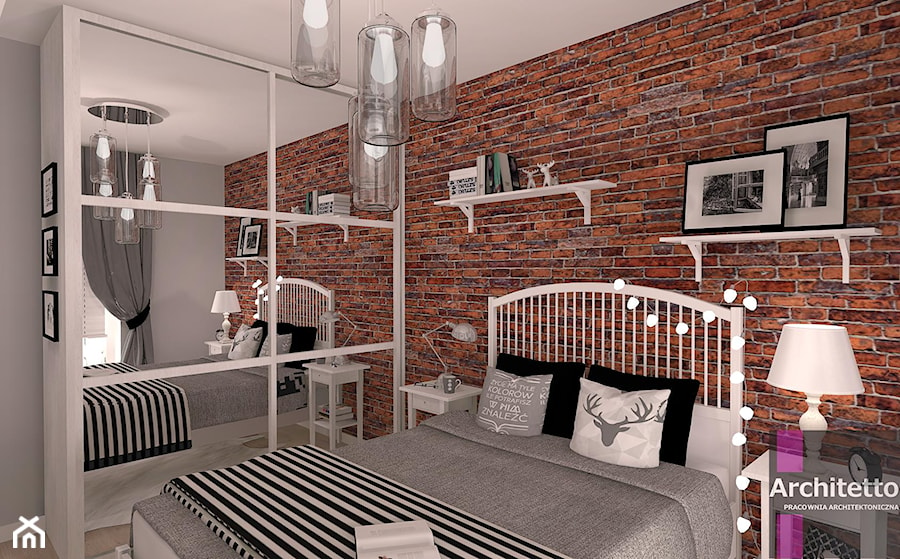 Sypialnia z cegła - Średnia brązowa szara sypialnia, styl skandynawski - zdjęcie od ARCHITETTO