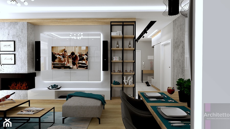 Heksagony w salonie - Średni biały szary salon z jadalnią, styl skandynawski - zdjęcie od ARCHITETTO