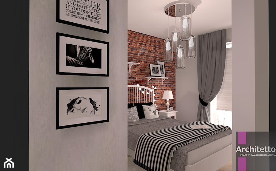 Sypialnia z cegła - Mała szara sypialnia, styl skandynawski - zdjęcie od ARCHITETTO