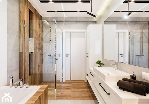 Łazienka z drewnem - Średnia bez okna z lustrem z punktowym oświetleniem łazienka, styl skandynawski - zdjęcie od ARCHITETTO