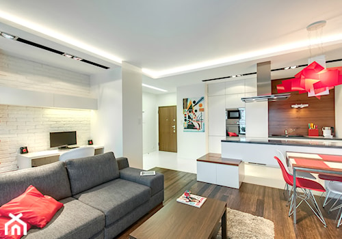 Apartament z nutką czerwieni - Średnia otwarta z salonem biała z zabudowaną lodówką kuchnia dwurzędowa, styl nowoczesny - zdjęcie od ARCHITETTO