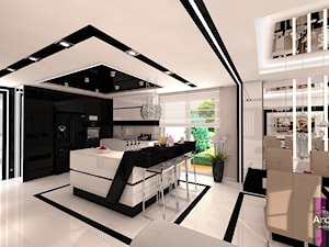 Elegancja z beżem - Średnia z salonem biała czarna z zabudowaną lodówką kuchnia w kształcie litery l z wyspą lub półwyspem z oknem, styl glamour - zdjęcie od ARCHITETTO