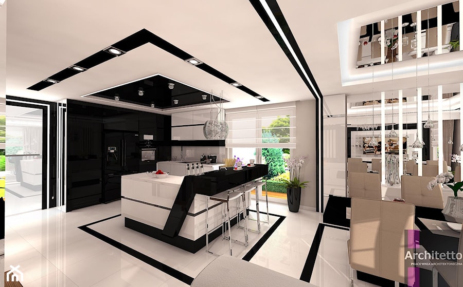 Elegancja z beżem - Średnia z salonem biała czarna z zabudowaną lodówką kuchnia w kształcie litery l z wyspą lub półwyspem z oknem, styl glamour - zdjęcie od ARCHITETTO