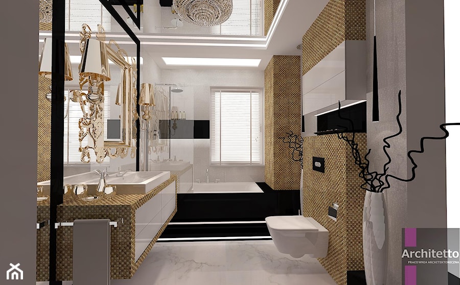 Łazienka w złocie - Duża z marmurową podłogą łazienka z oknem, styl glamour - zdjęcie od ARCHITETTO