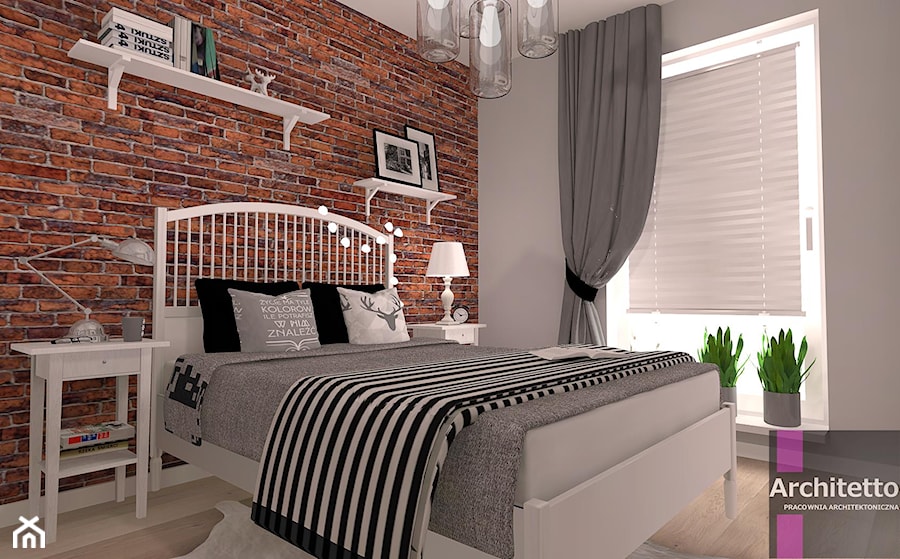 Sypialnia z cegła - Średnia beżowa biała sypialnia, styl skandynawski - zdjęcie od ARCHITETTO