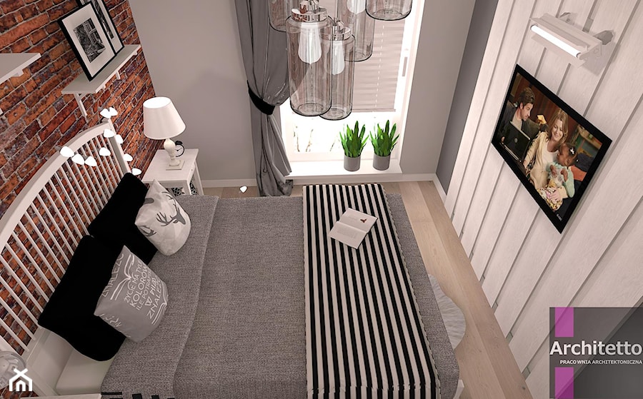 Sypialnia z cegła - Mała biała brązowa szara sypialnia, styl skandynawski - zdjęcie od ARCHITETTO