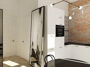 Mikro apartament - Mała z salonem beżowa biała z zabudowaną lodówką z podblatowym zlewozmywakiem kuchnia w kształcie litery l, styl tradycyjny - zdjęcie od Nasciturus design