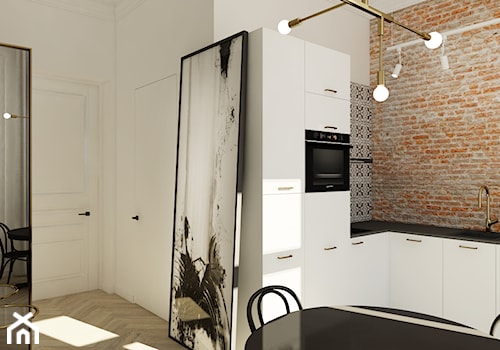 Mikro apartament - Mała z salonem beżowa biała z zabudowaną lodówką z podblatowym zlewozmywakiem kuchnia w kształcie litery l, styl tradycyjny - zdjęcie od Nasciturus design