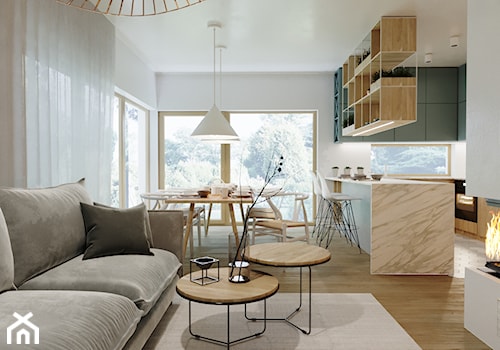 Ekologiczny - Mały biały salon z kuchnią z jadalnią, styl nowoczesny - zdjęcie od Nasciturus design