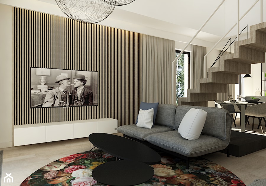 Apartament w Poznaniu - Średni beżowy salon z jadalnią z tarasem / balkonem, styl nowoczesny - zdjęcie od Nasciturus design