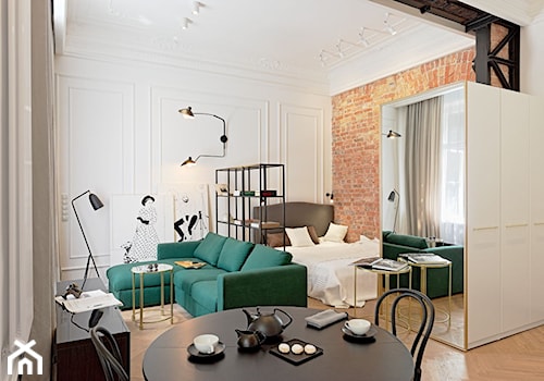 Mikro apartament - Średni biały salon z jadalnią, styl industrialny - zdjęcie od Nasciturus design