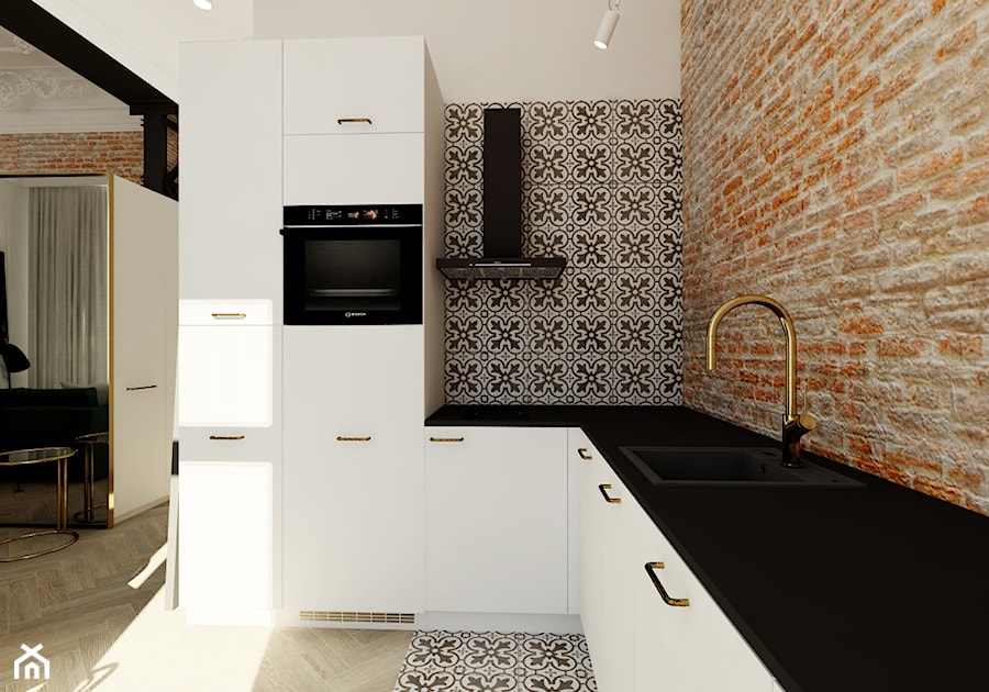 Mikro apartament - Średnia otwarta brązowa szara z zabudowaną lodówką z podblatowym zlewozmywakiem kuchnia w kształcie litery l, styl industrialny - zdjęcie od Nasciturus design