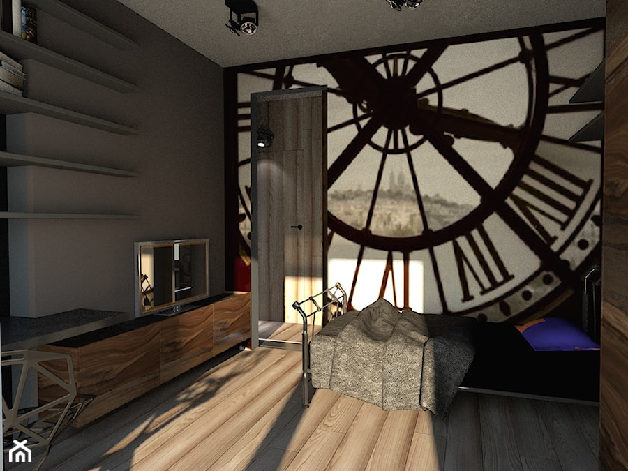 Dom w stylu industrailnym - wizualizacje - Mała brązowa sypialnia, styl industrialny - zdjęcie od Nasciturus design