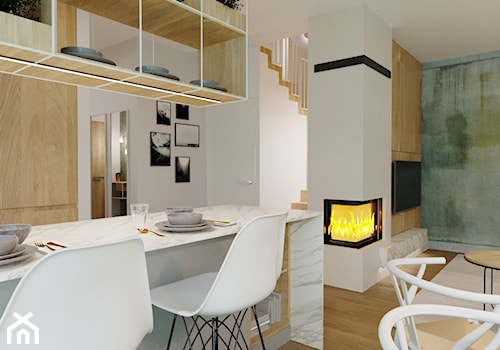 Ekologiczny - Średnia otwarta z salonem biała z zabudowaną lodówką kuchnia dwurzędowa z wyspą lub półwyspem, styl skandynawski - zdjęcie od Nasciturus design