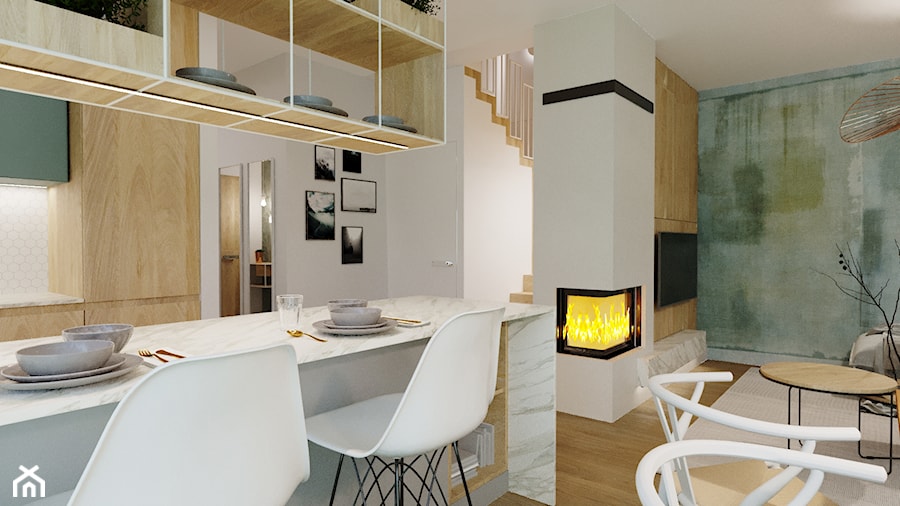 Ekologiczny - Średnia otwarta z salonem biała z zabudowaną lodówką kuchnia dwurzędowa z wyspą lub półwyspem, styl skandynawski - zdjęcie od Nasciturus design