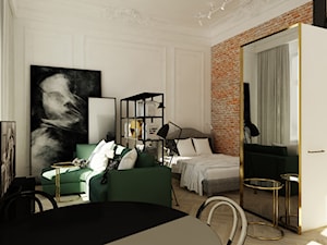 Mikro apartament - Mały biały salon z jadalnią z bibiloteczką, styl tradycyjny - zdjęcie od Nasciturus design