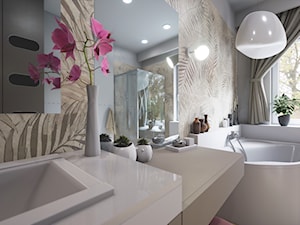 Łazienka z motywem liści - Średnia z lustrem z punktowym oświetleniem łazienka z oknem, styl vintage - zdjęcie od wizjaprzestrzeni.pl