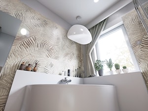 Łazienka z motywem liści - Mała biała szara łazienka w bloku w domu jednorodzinnym z oknem, styl vi ... - zdjęcie od wizjaprzestrzeni.pl