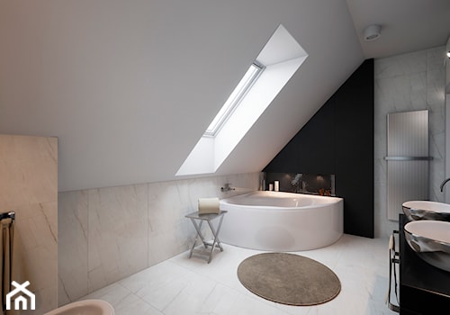Łazienka+WC Glamour - Duża na poddaszu z dwoma umywalkami z marmurową podłogą z punktowym oświetleniem łazienka z oknem, styl glamour - zdjęcie od wizjaprzestrzeni.pl