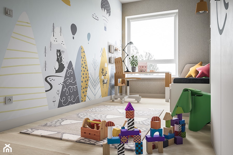 Mieszkanie - kompleksowo - Średni biały szary z motywem gór z motywem zwierząt pokój dziecka dla dziecka dla nastolatka dla chłopca dla dziewczynki, styl nowoczesny - zdjęcie od wizjaprzestrzeni.pl