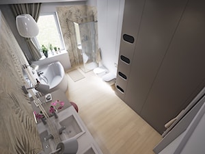 Łazienka z motywem liści - Średnia z lustrem z dwoma umywalkami łazienka z oknem, styl vintage - zdjęcie od wizjaprzestrzeni.pl