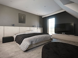 Sypialnia - Duża czarna szara sypialnia na poddaszu z balkonem / tarasem, styl nowoczesny - zdjęcie od wizjaprzestrzeni.pl