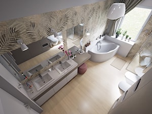 Łazienka z motywem liści - Duża z lustrem z dwoma umywalkami łazienka z oknem, styl vintage - zdjęcie od wizjaprzestrzeni.pl