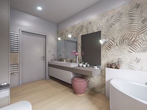 Łazienka z motywem liści - Duża z lustrem z dwoma umywalkami z punktowym oświetleniem łazienka z oknem, styl vintage - zdjęcie od wizjaprzestrzeni.pl