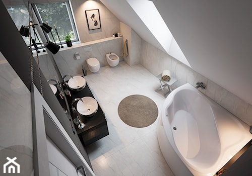 Łazienka+WC Glamour - Średnia na poddaszu z dwoma umywalkami łazienka z oknem, styl glamour - zdjęcie od wizjaprzestrzeni.pl