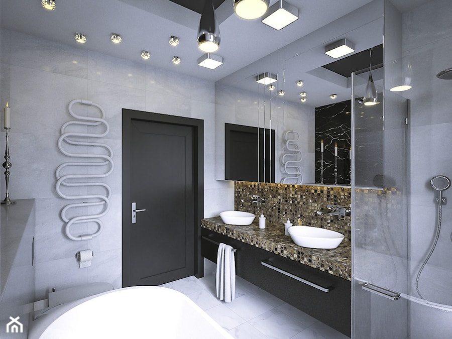 Łazienka - Średnia bez okna z lustrem z dwoma umywalkami z punktowym oświetleniem łazienka, styl glamour - zdjęcie od wizjaprzestrzeni.pl