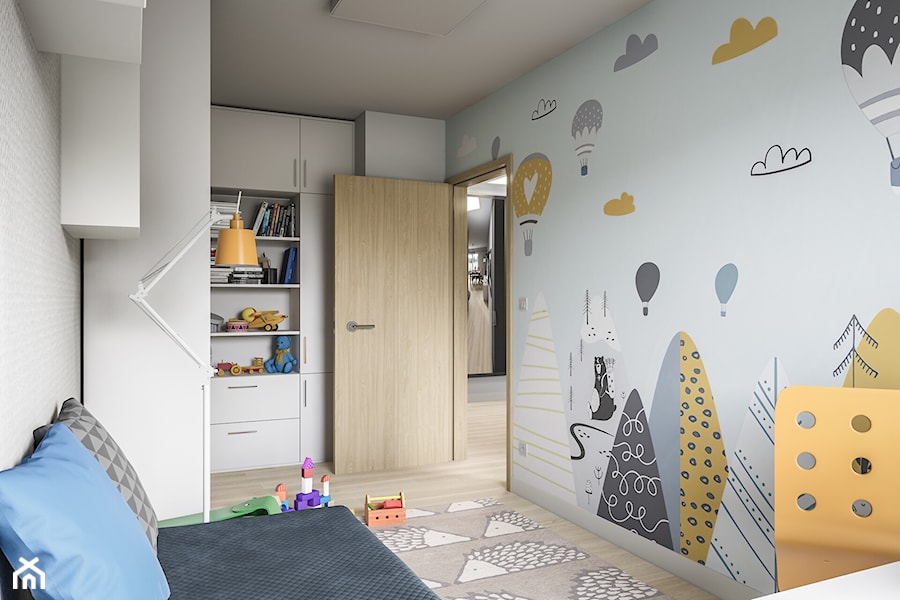 Mieszkanie - kompleksowo - Mały szary pokój dziecka dla dziecka dla chłopca dla dziewczynki, styl nowoczesny - zdjęcie od wizjaprzestrzeni.pl