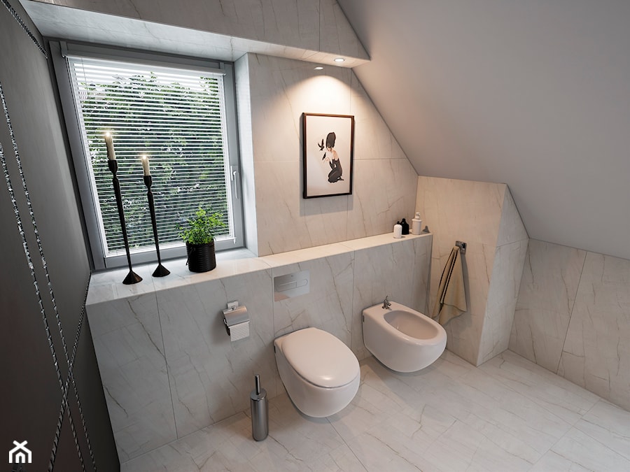 Łazienka+WC Glamour - Średnia na poddaszu z marmurową podłogą z punktowym oświetleniem łazienka z oknem, styl glamour - zdjęcie od wizjaprzestrzeni.pl