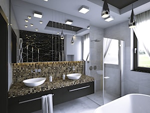 Łazienka - Średnia na poddaszu z lustrem z dwoma umywalkami łazienka z oknem, styl glamour - zdjęcie od wizjaprzestrzeni.pl