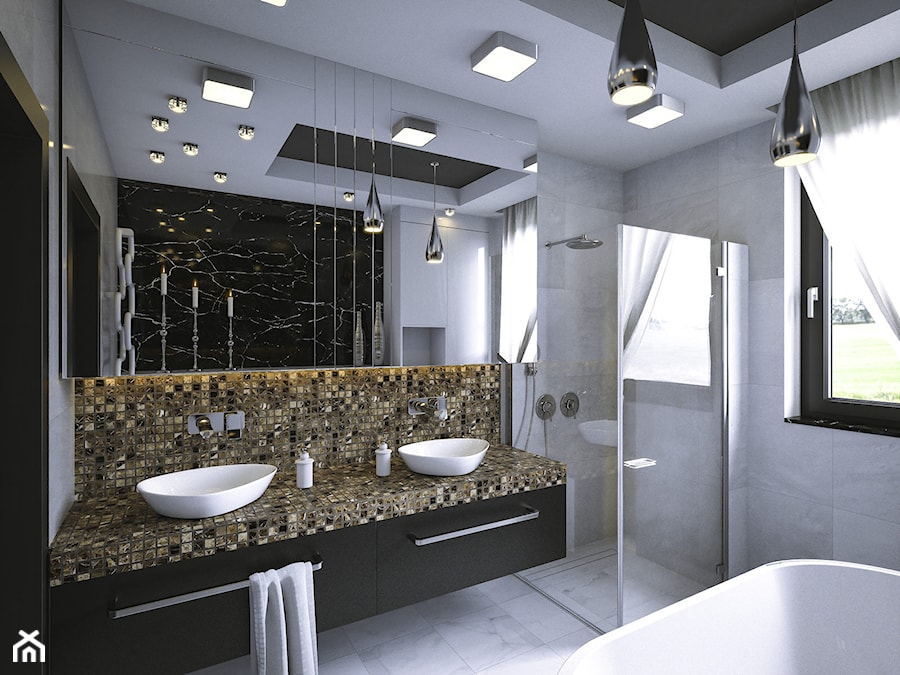 Łazienka - Średnia na poddaszu z lustrem z dwoma umywalkami łazienka z oknem, styl glamour - zdjęcie od wizjaprzestrzeni.pl