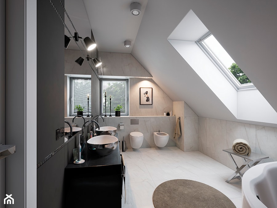 Łazienka+WC Glamour - Duża na poddaszu z lustrem z dwoma umywalkami łazienka z oknem, styl glamour - zdjęcie od wizjaprzestrzeni.pl