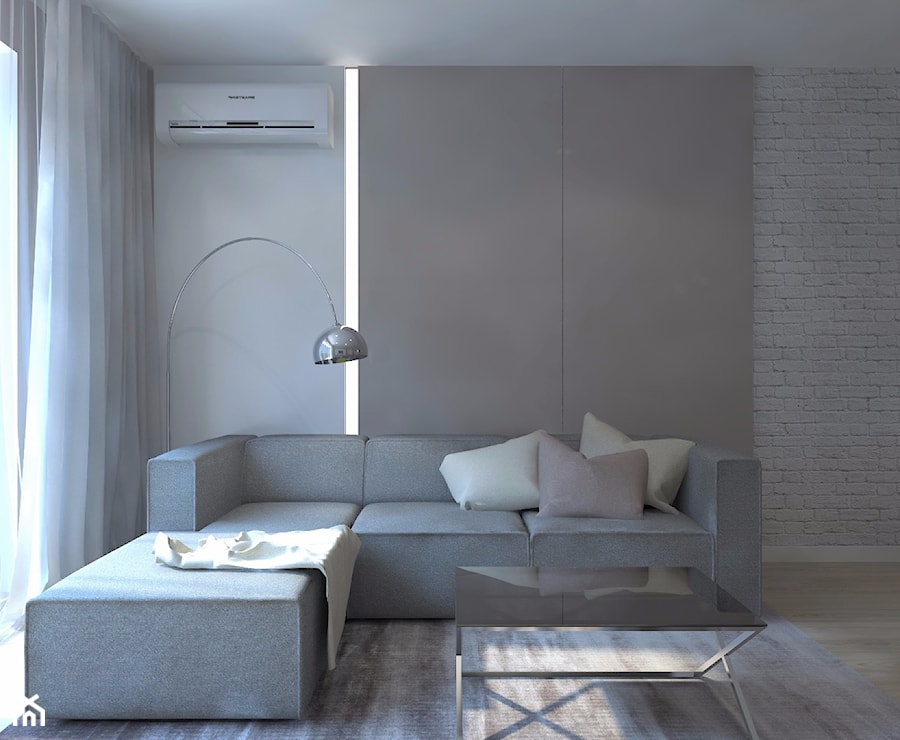 Monochromatyczna aranżacja wnętrza w kolorze szarym - Salon, styl minimalistyczny - zdjęcie od LIVING BOX