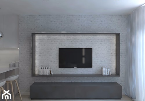 Monochromatyczna aranżacja wnętrza w kolorze szarym - Średni biały salon z kuchnią z jadalnią, styl minimalistyczny - zdjęcie od LIVING BOX