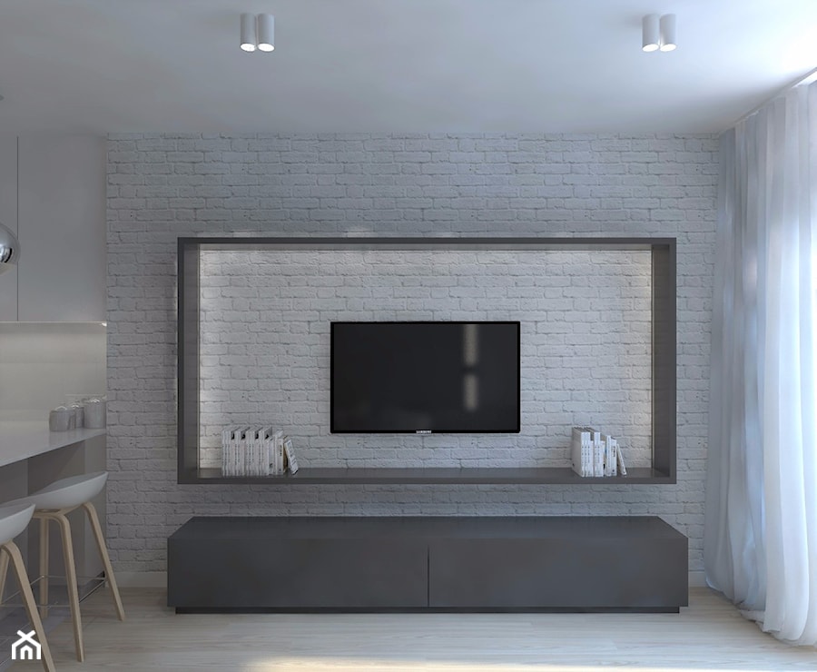 Monochromatyczna aranżacja wnętrza w kolorze szarym - Średni biały salon z kuchnią z jadalnią, styl minimalistyczny - zdjęcie od LIVING BOX