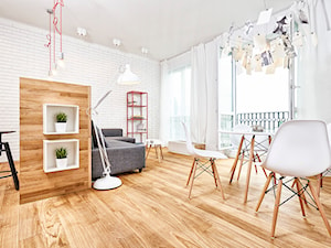 59 m2 na nowo - Średnia biała jadalnia w salonie, styl skandynawski - zdjęcie od LIVING BOX