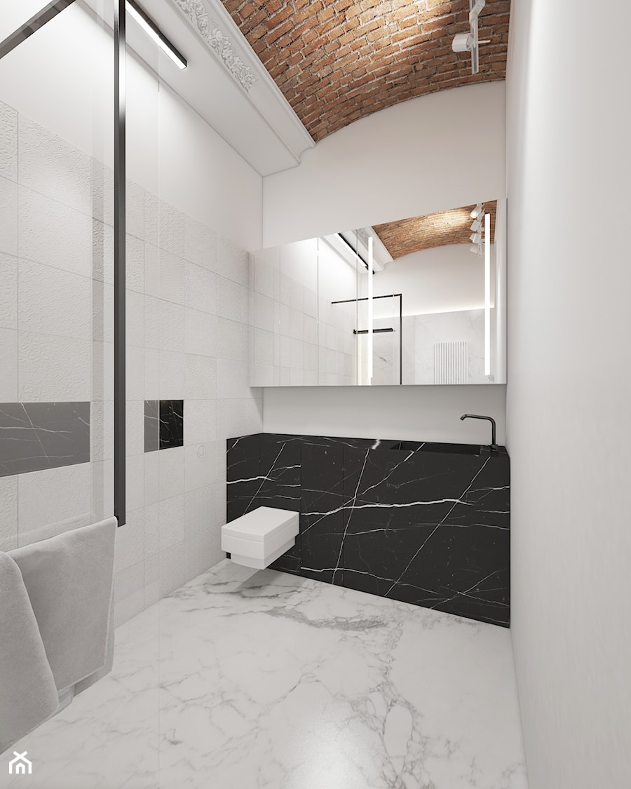 W przedwojennej kamienicy - Średnia na poddaszu bez okna z marmurową podłogą łazienka, styl nowoczesny - zdjęcie od LIVING BOX