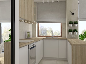 Ekologicznie w Sochaczewie - Średnia otwarta szara z zabudowaną lodówką z podblatowym zlewozmywakiem kuchnia w kształcie litery u z oknem, styl skandynawski - zdjęcie od LIVING BOX