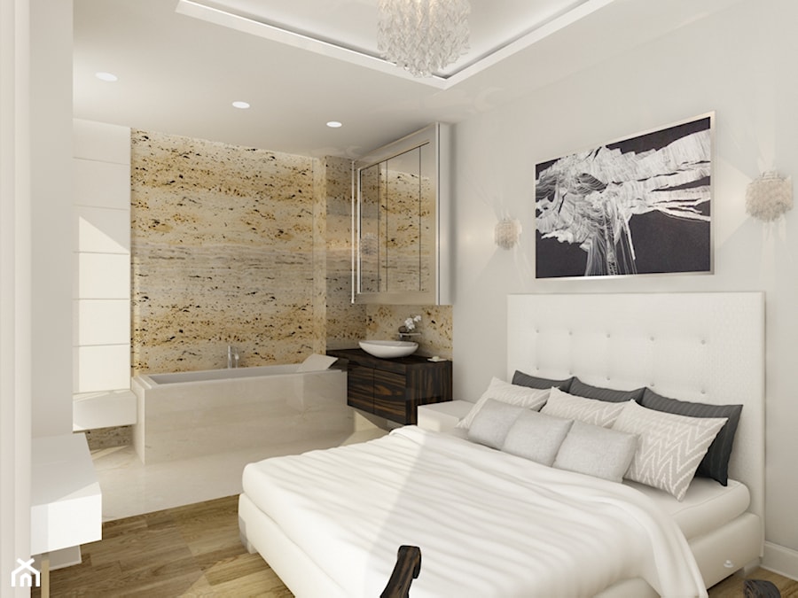 Elegancki - Duża biała sypialnia z łazienką, styl nowoczesny - zdjęcie od LIVING BOX