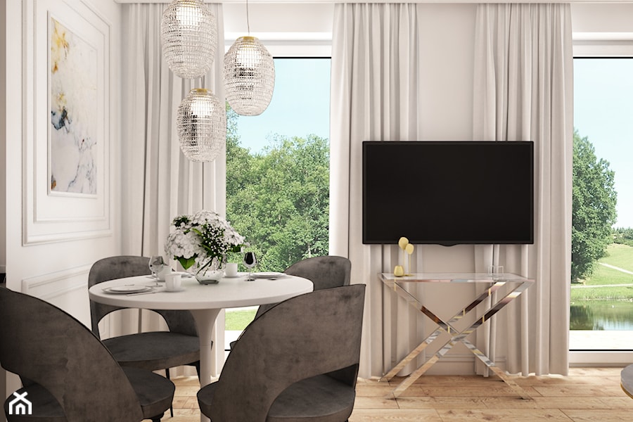 Wakacyjne w Gdyni - Mały szary salon z jadalnią, styl glamour - zdjęcie od LIVING BOX