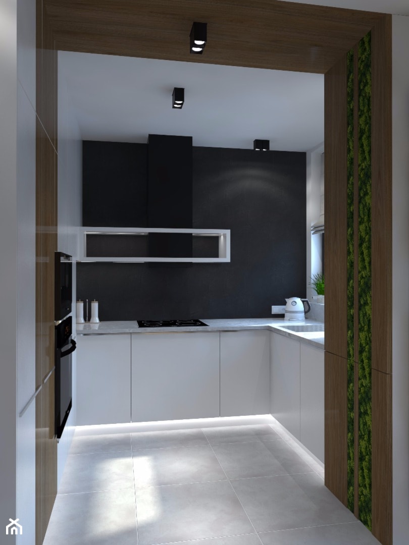 Wnętrze z mchem - Średnia otwarta z kamiennym blatem biała czarna z zabudowaną lodówką z podblatowym zlewozmywakiem kuchnia w kształcie litery u z oknem, styl nowoczesny - zdjęcie od LIVING BOX