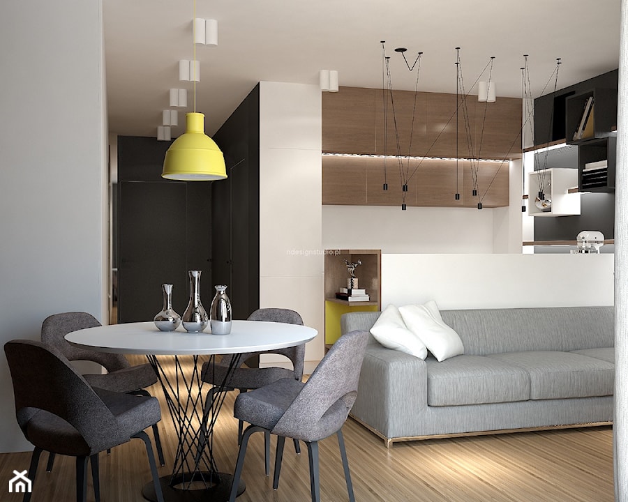 Mieszkanie dla singla - Mały biały salon z jadalnią, styl nowoczesny - zdjęcie od LIVING BOX
