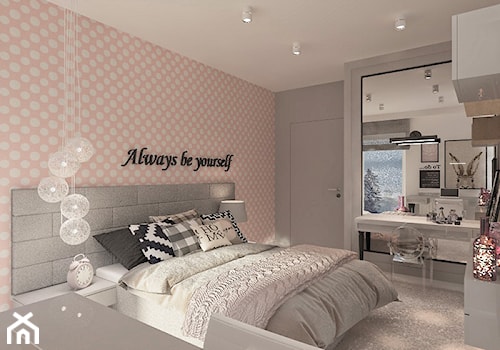 Mieszkanie dla Młodego Piłkarza - Duża biała różowa szara z biurkiem sypialnia, styl nowoczesny - zdjęcie od LIVING BOX